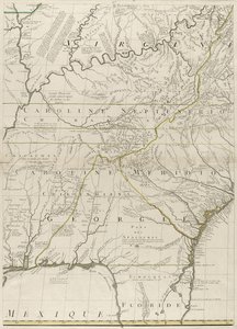 Et kort over de britiske og franske dominioner i Amerika, 1756 (stik med omrids i farver på papir)